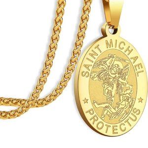 NEW Oval Stainless Steel Saint Christopher Necklace Saint Michael Gold Necklace